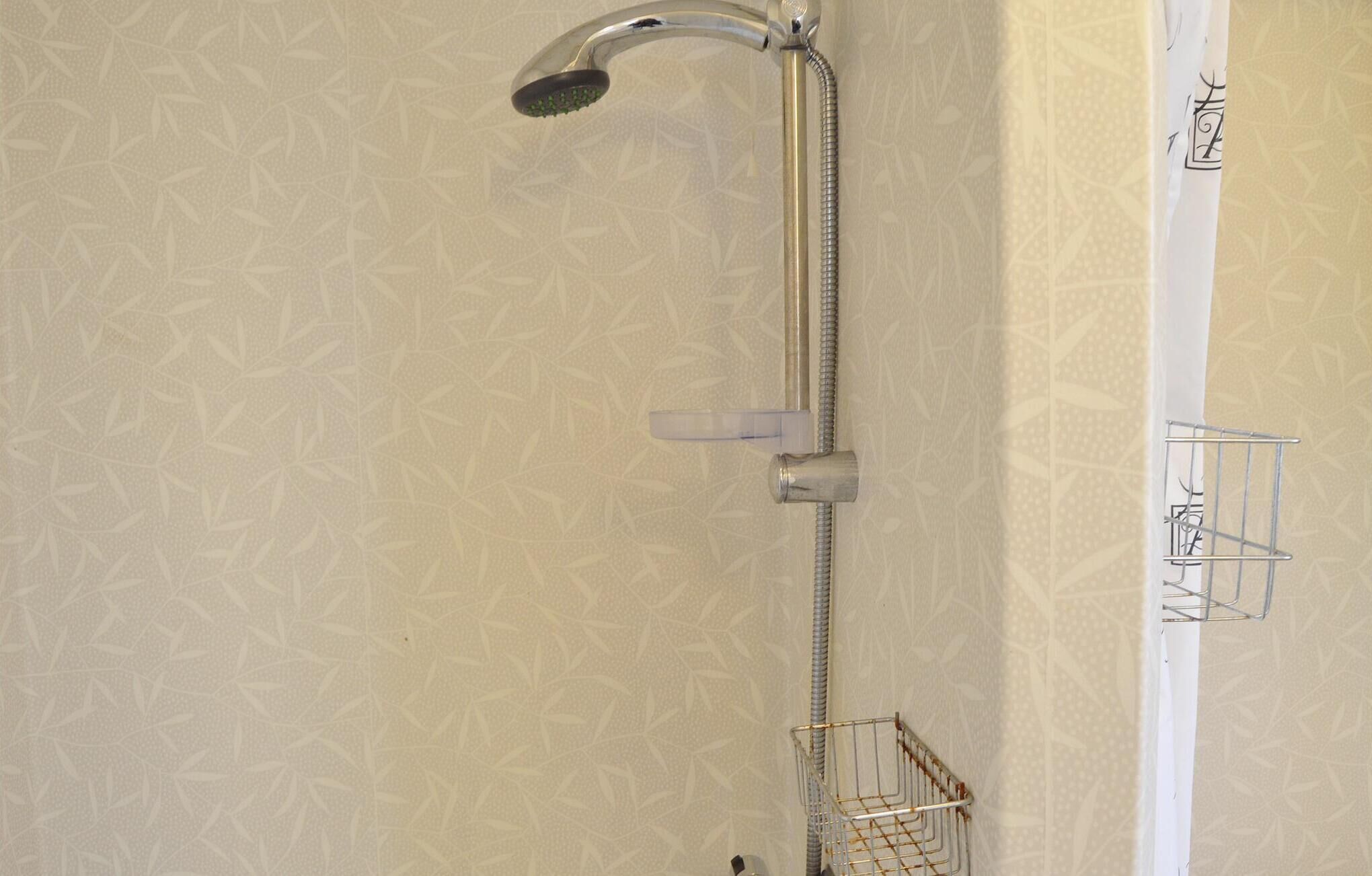 Une douche équipée d’un pommeau de douche à main et d’un flexible, d’un porte-serviettes et d’une étagère pour les produits de douche.