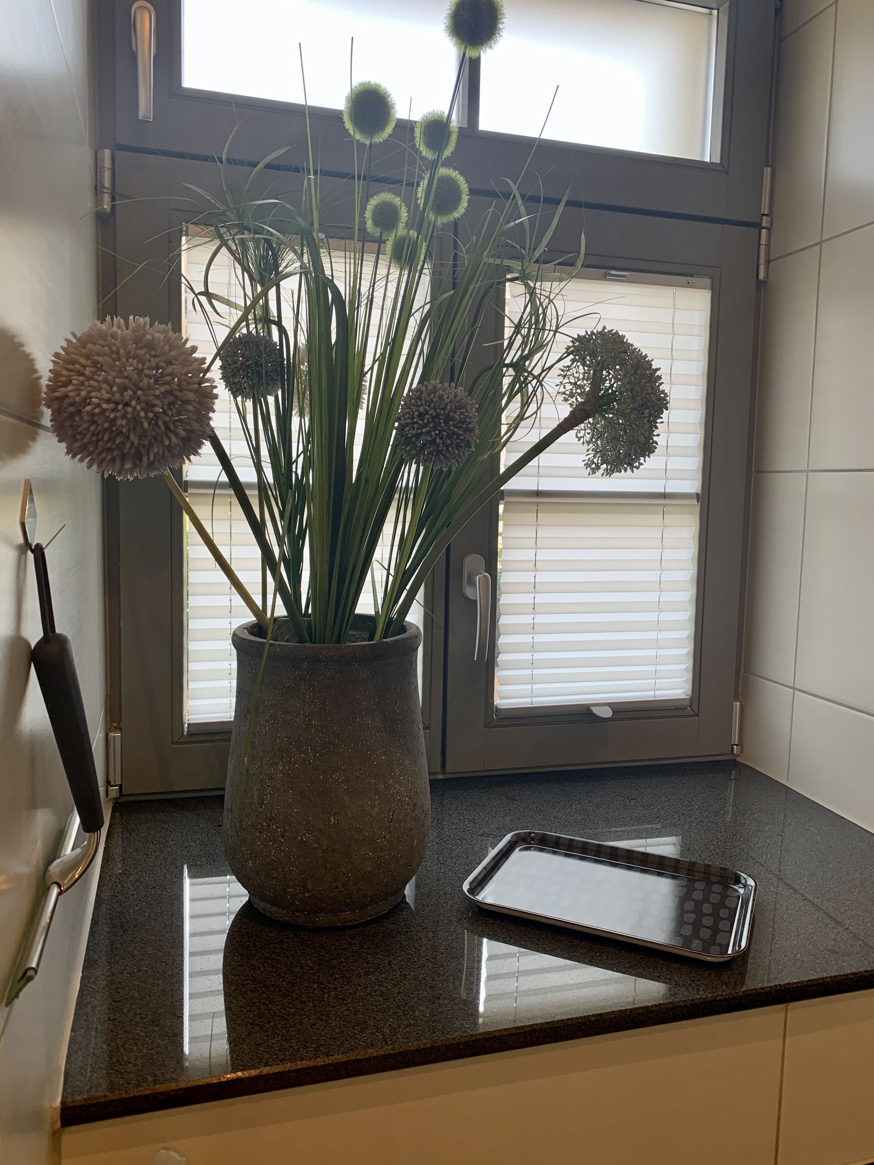 A kitchen counter with a potted plant and a tablet.