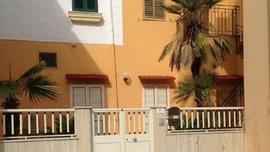 Une cour avec un portail blanc, un palmier et un bâtiment à la façade jaune et aux volets rouges.