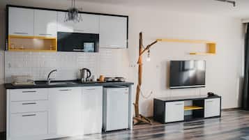 Mini-fridge, stovetop, high chair, griddle