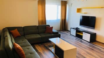 Apartment, 1 Bedroom | Living area | 49-inch Smart TV with satellite channels, TV