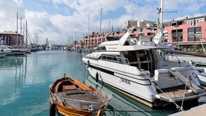 Un puerto deportivo con varias embarcaciones amarradas, un pequeño bote y edificios al fondo.