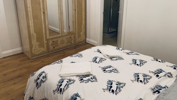 A bedroom with a bed, a wardrobe, and a shower area. - 2-bed Apartment (Kingston Upon Thames)