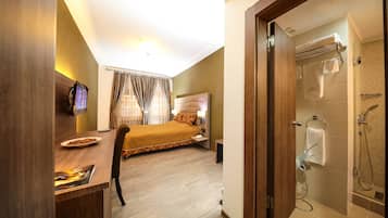A hotel room with a bed, a desk, a TV, a shower, and a view of the outdoors.