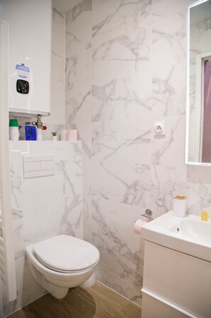 Dusj, hårføner, håndklær og såpe