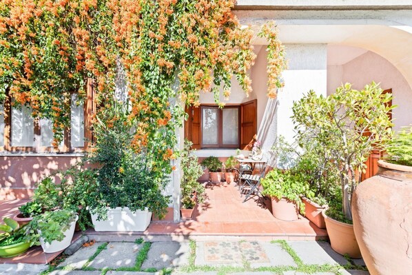 A courtyard with potted plants, a table with chairs, and a wooden door.
