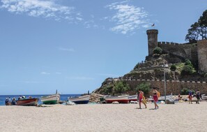 Une plage avec des bateaux et un château perché sur une falaise.