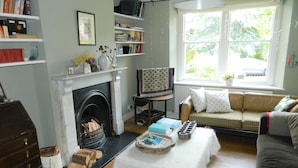 A cozy living room with a fireplace, a sofa, a television, and a bookshelf. - Stunning Period Townhouse (Frome)