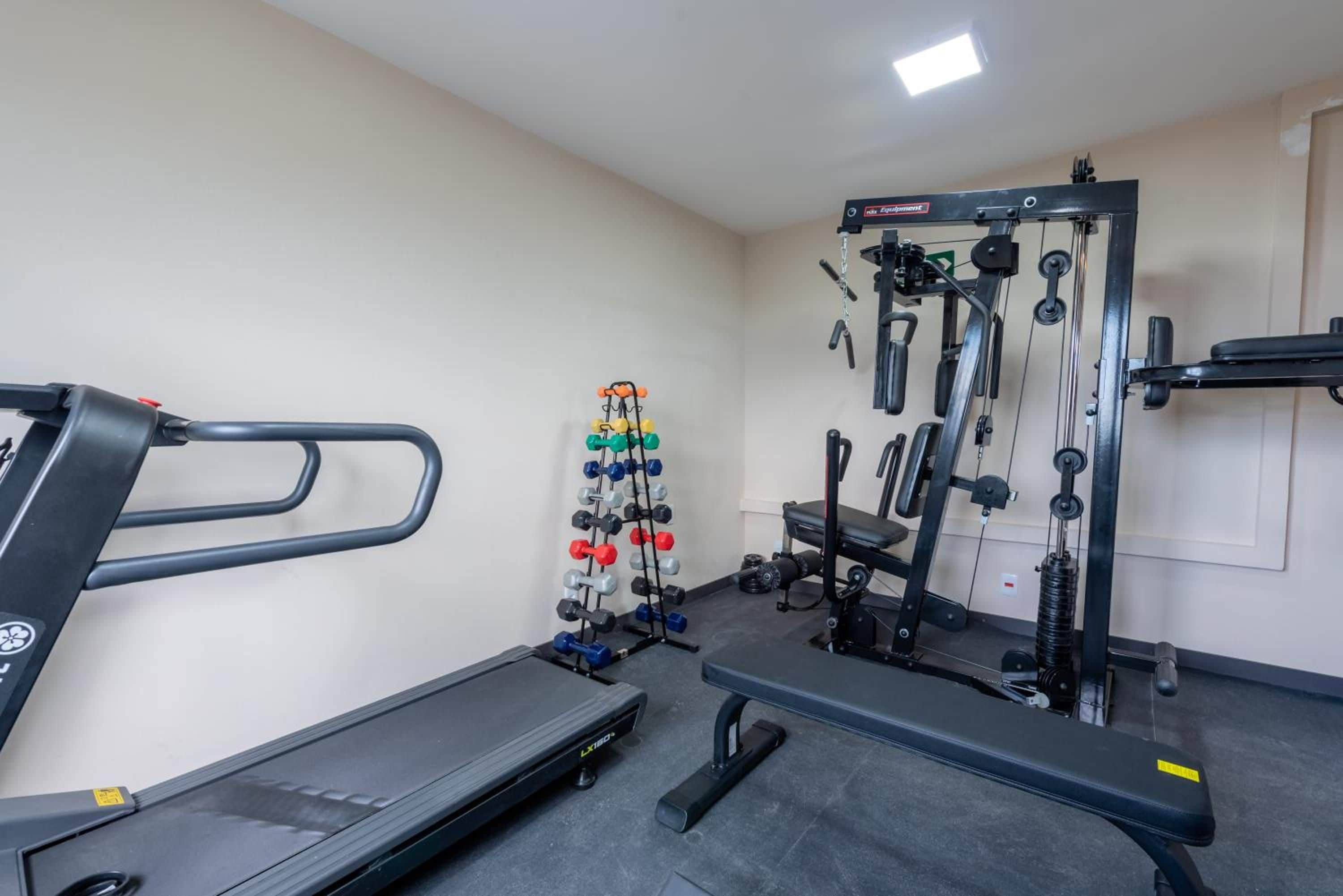 Una palestra con tapis roulant, panche per pesi e diverse attrezzature per allenamento.