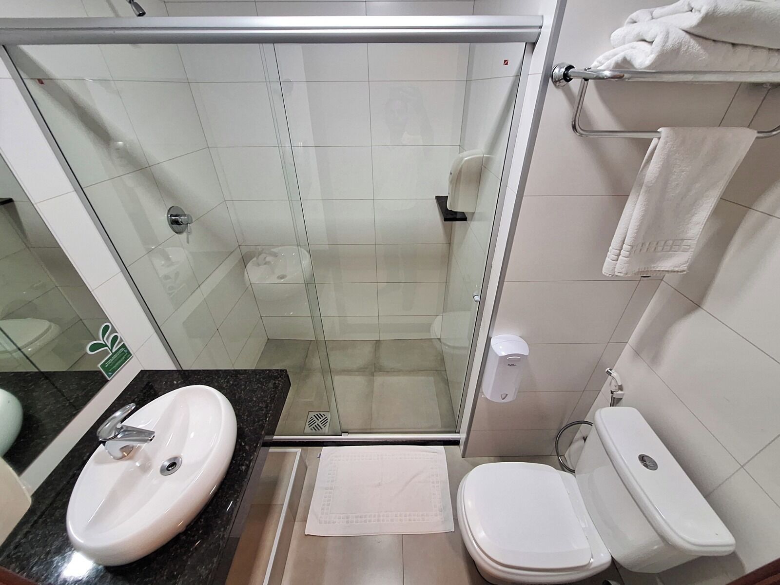 A bathroom with a glass-enclosed shower, a sink, a toilet, and a towel rack.