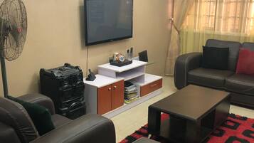 Tv, eldstad, en stereo och printers