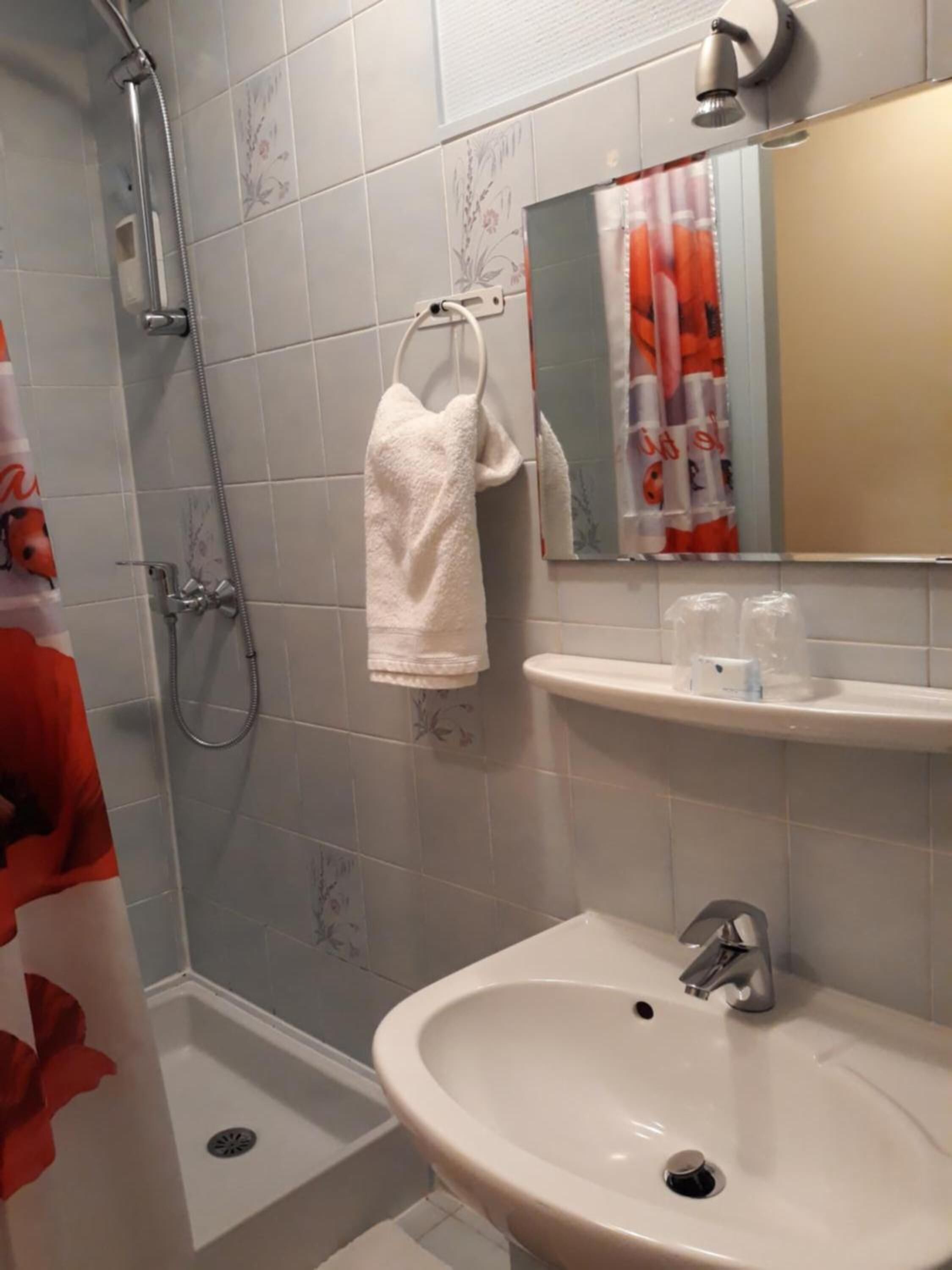 shower, hair dryer, towels, toilet paper