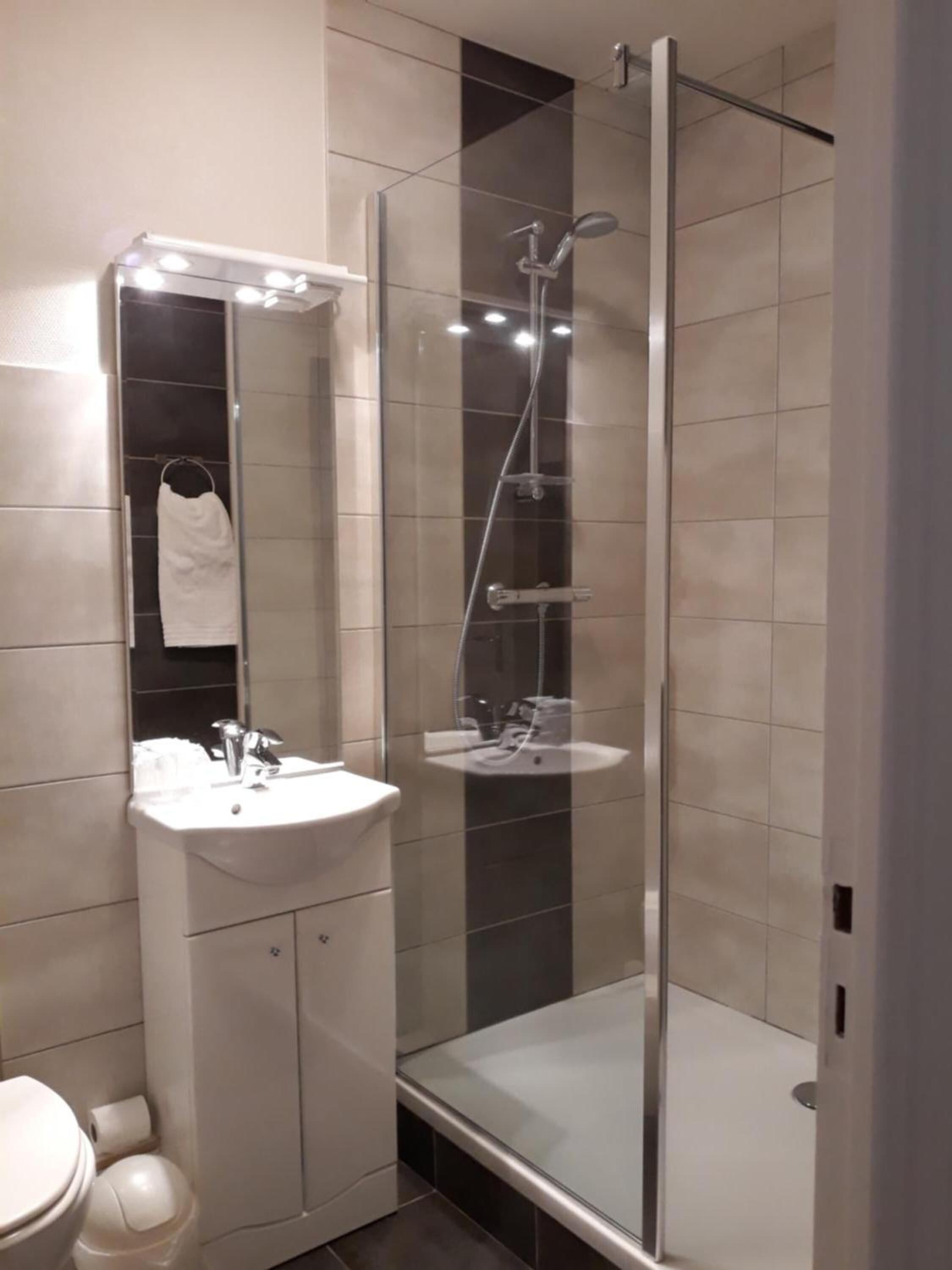 shower, hair dryer, towels, toilet paper