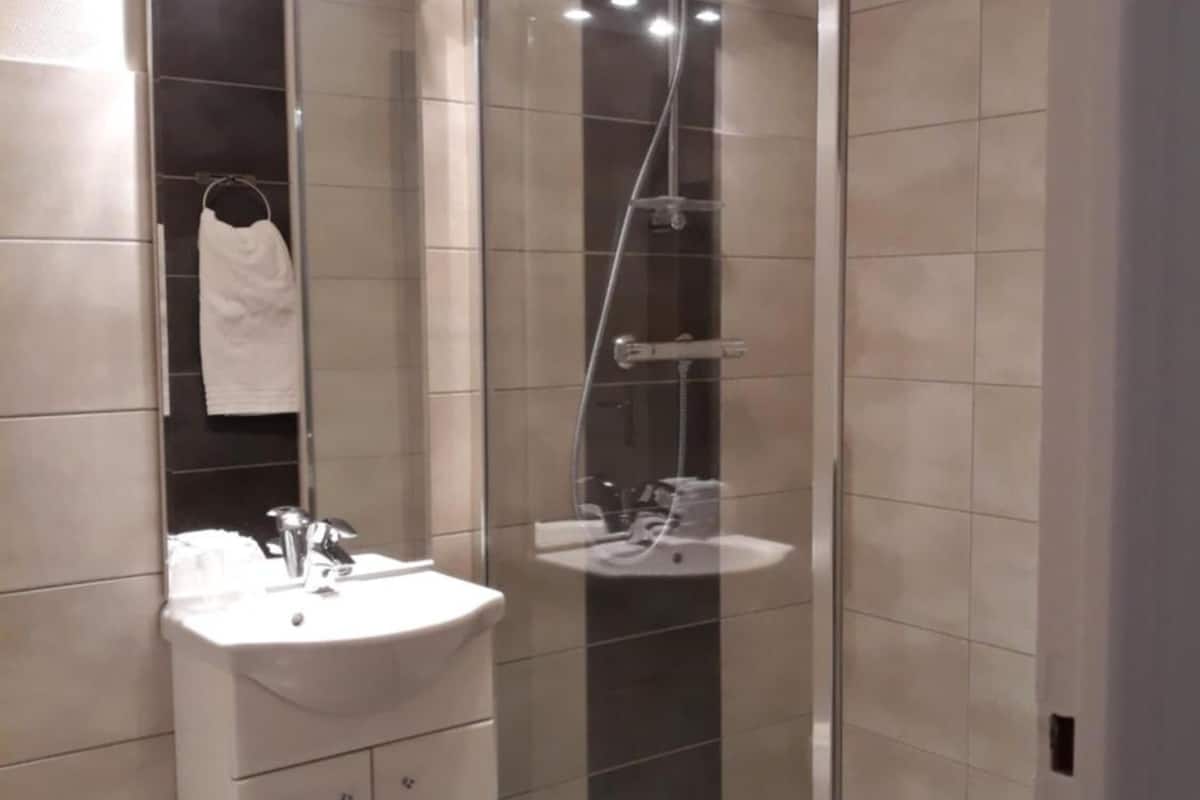 shower, hair dryer, towels, toilet paper