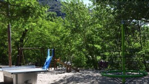 A playground with a blue slide and swings, surrounded by trees. - Camping La Charderie (Pont-de-Labeaume)