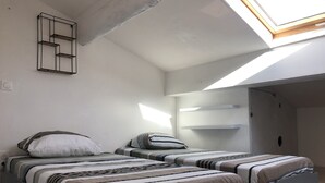 Et soveværelse med to senge, ovenlys og indbyggede hylder.