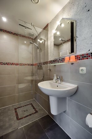 Chuveiro, secador de cabelo, toalhas de banho, papel higiênico