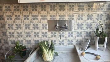 A kitchen with a sink, a potted plant, a bowl of vegetables, and a grater on the counter.