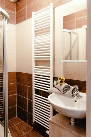 Comfort Quadruple Room | Bathroom | Shower, towels, toilet paper - Apartments Zelny Trh III (Brno)