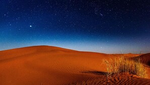 Un paysage désertique de nuit, sous un ciel étoilé.