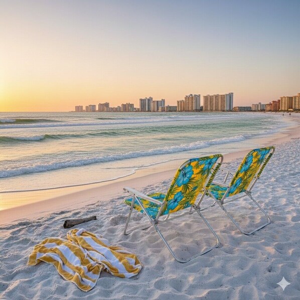 Beach nearby, sun loungers