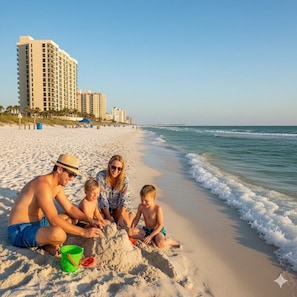 Uma família em uma praia de areia, com um prédio grande ao fundo.