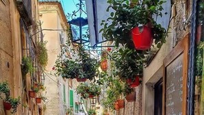 A narrow street with a table and chairs set up for outdoor dining, surrounded by buildings with hanging plants and a chalkboard menu. - Gaia Apartment with Sea View, 350m from the white beach of Tropea (TROPEA)
