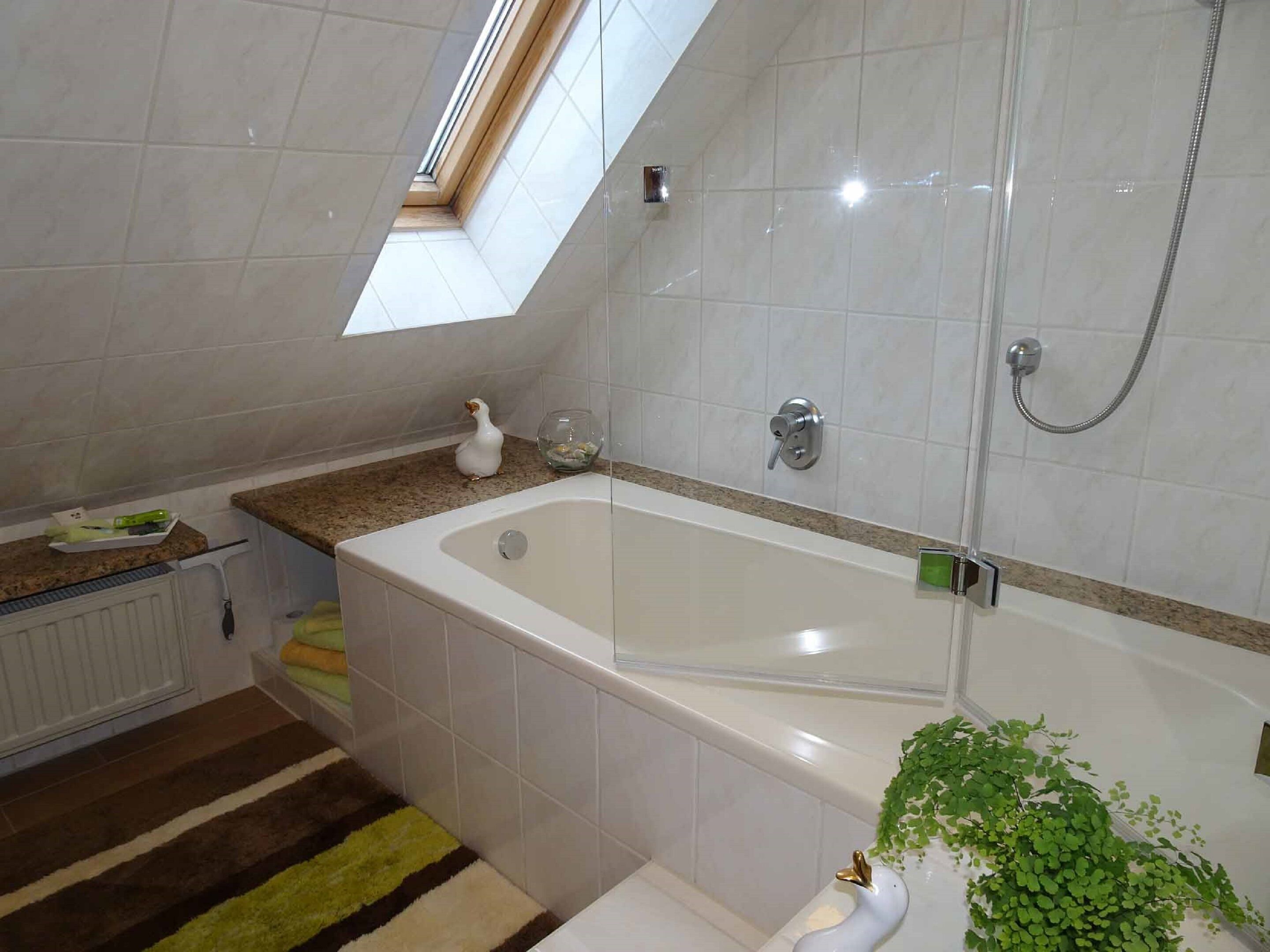 Un baño moderno con una bañera independiente, cabina de ducha con paredes de vidrio y un tragaluz.