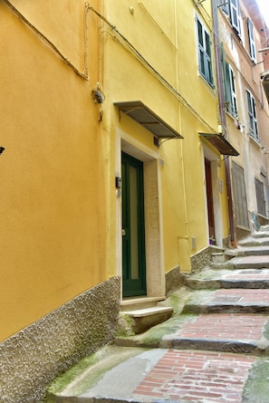 Une rue étroite bordée d’immeubles jaunes, avec une porte verte et un chemin pavé de briques.