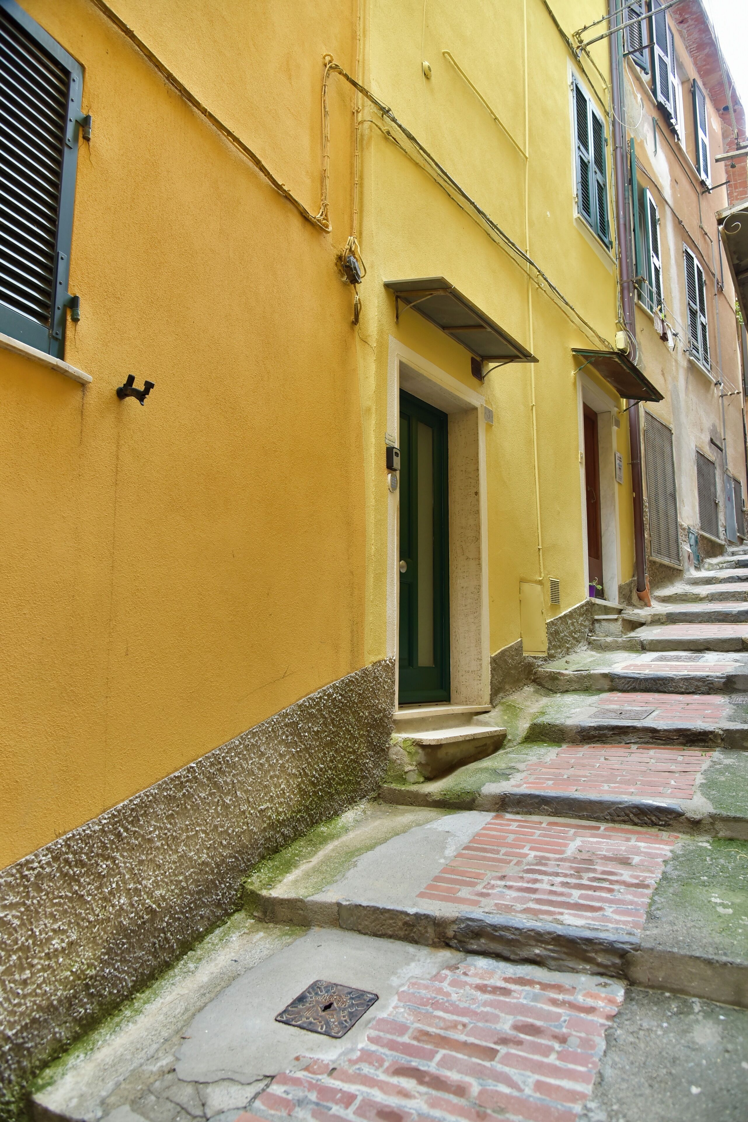 Un vicolo stretto con edifici gialli, una porta verde e un sentiero in mattoni.