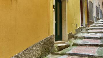 Un vicolo stretto con edifici gialli, una porta verde e un sentiero in mattoni.