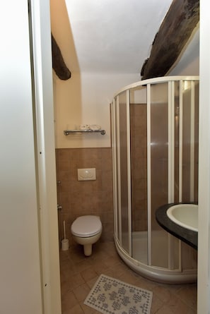 Une salle de bain comprenant des toilettes, un espace douche et un lavabo.