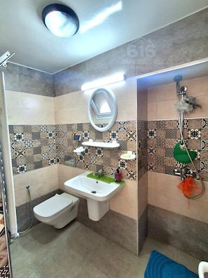 Shower, hair dryer, towels, soap