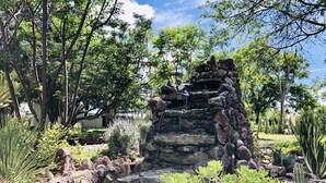 A garden with a rock waterfall, various cacti, and trees. - Club Vergel Resort (Ezequiel Montes)