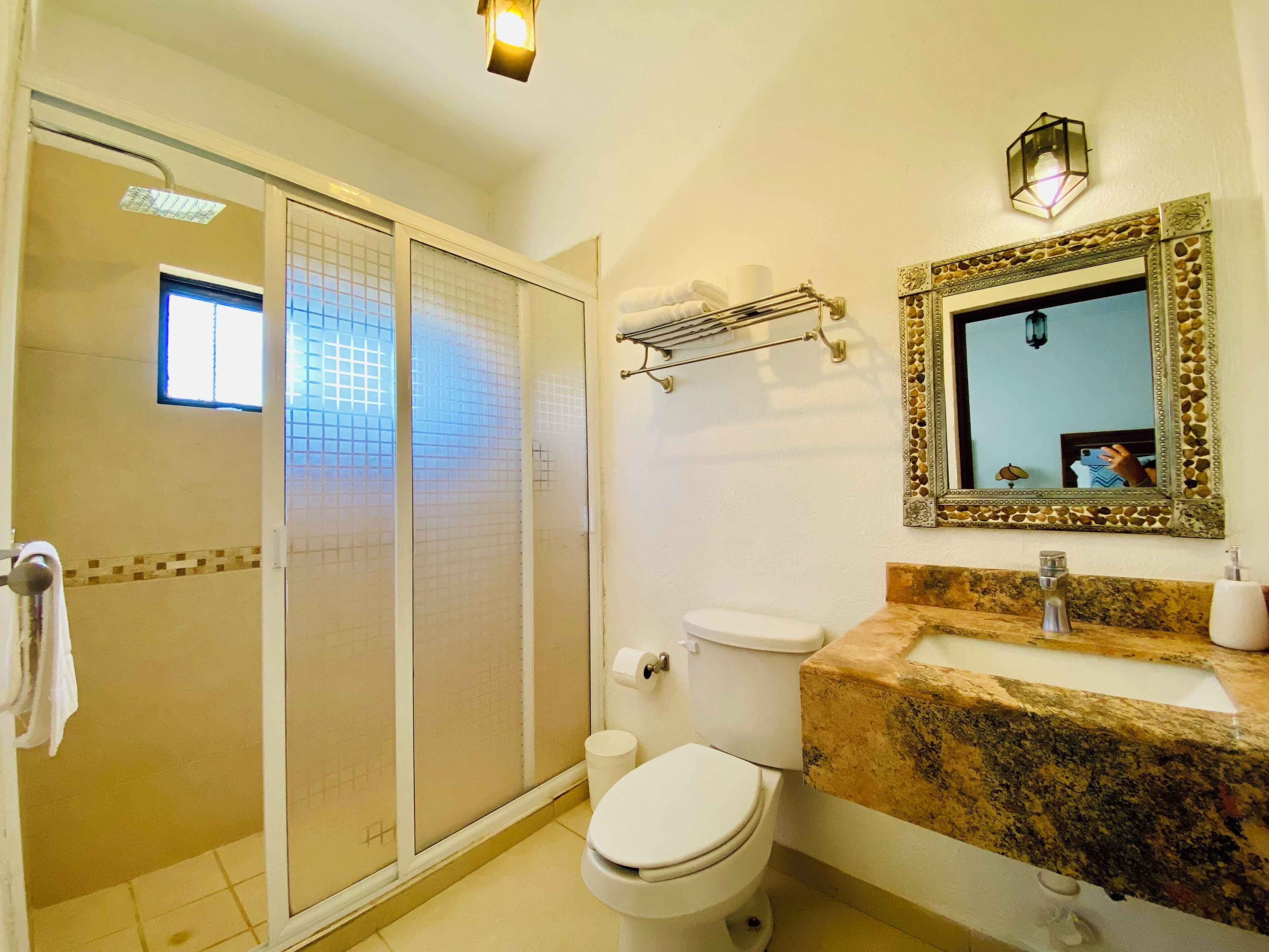 A bathroom with a glass-enclosed shower, a toilet, a sink with a marble countertop, and a mirror with an ornate frame.