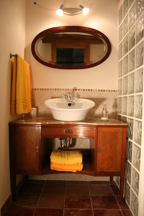 Chambre double ou avec lits jumeaux | Salle de bain | Douche, séchoir à cheveux, serviettes fournies, savon