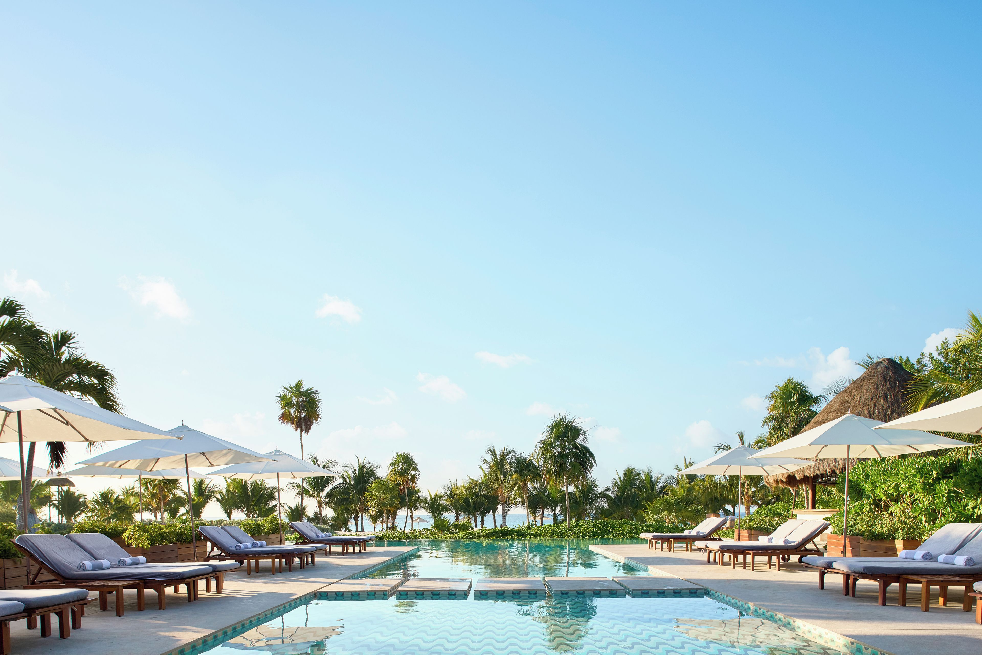 A poolside area with lounge chairs and umbrellas, surrounded by palm trees and a clear sky.