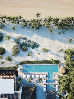 Vue aérienne d’un complexe hôtelier doté d’une piscine, d’une plage et de palmiers.
