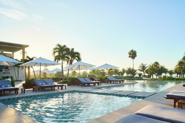 A pool area with lounge chairs and umbrellas, surrounded by palm trees.