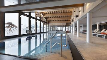 Indoor pool, open 10:00 AM to 8:00 PM, sun loungers