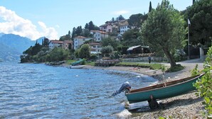 Une scène au bord d’un lac, avec des bateaux, un arbre et des bâtiments en arrière-plan.
