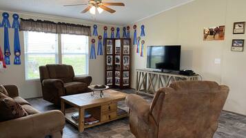 Smart TV, fireplace, DVD player