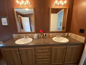 Bathtub, hair dryer, towels, soap