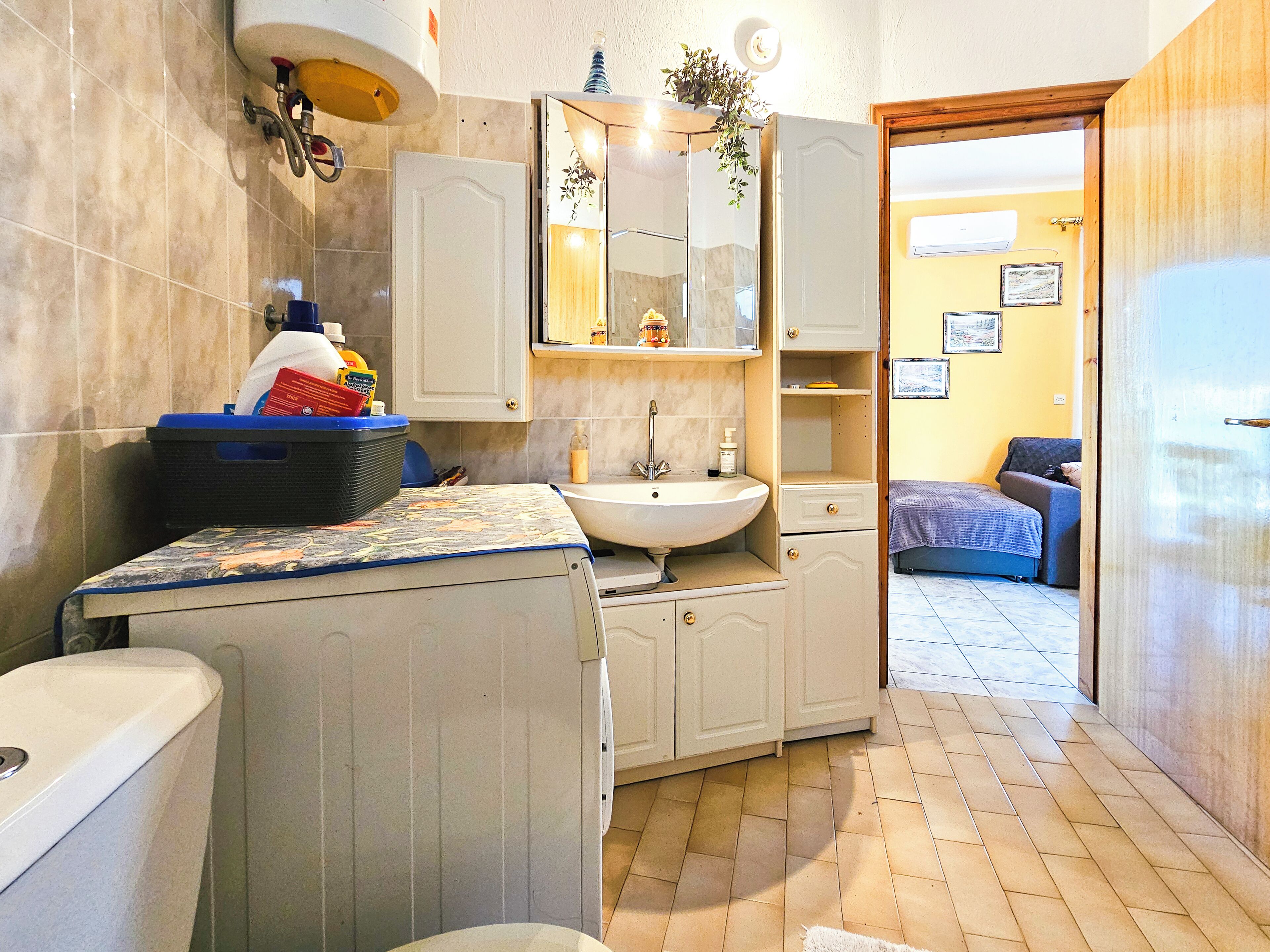 A bathroom with a sink, toilet, and cabinet. There is a mirror above the sink and a plant on the wall.