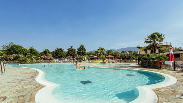 A swimming pool with a stone-tiled deck, surrounded by palm trees and a clear sky.