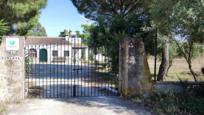 A gated entrance to a rural house with a stone wall and a metal gate. - RURAL HOUSE TO ENJOY NATURE (Medina-Sidonia)