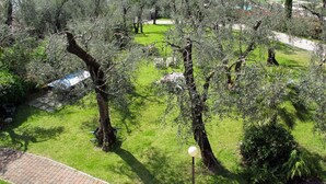 A park with olive trees, a paved walkway, and a body of water in the background. - Cosy apartment for 3 guests with WIFI, TV, balcony and pets allowed (Malcesine)