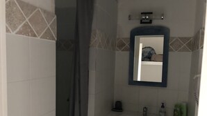 Een badkamer met een douche, wastafel en spiegel.