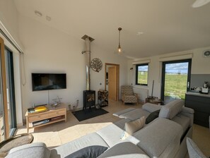 Een televisie en een open haard