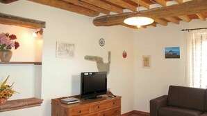 A living room with a wooden cabinet, a television, a sofa, and a fireplace. - Lovely apartment in villa for 6 people with WIFI, pool, TV, patio and pets allowed (Pescia)
